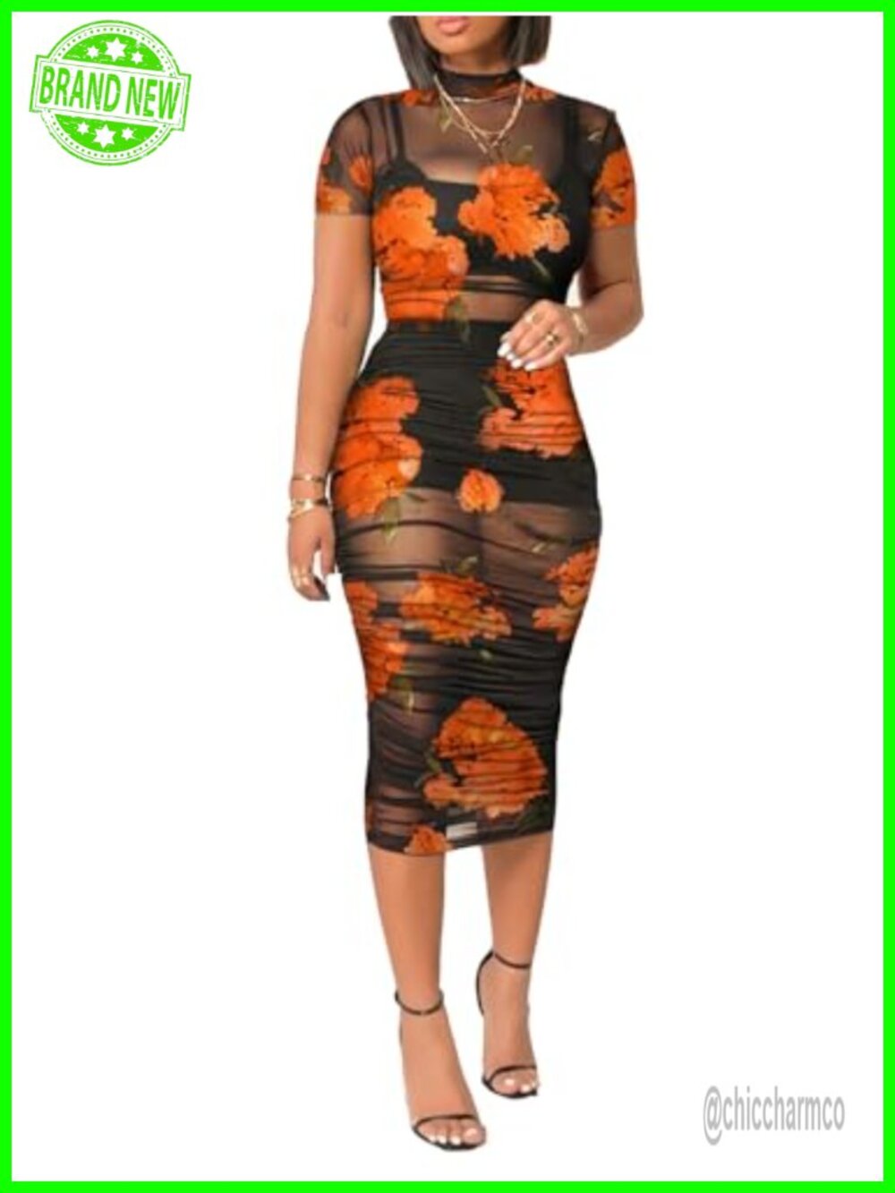 Sheer Mesh Bodycon Dress 3 Piece Set Short Sleeve Ruched Mini Skirt Outfit Club